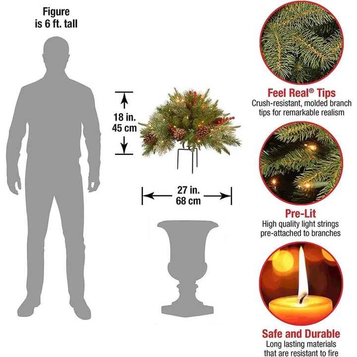 LED Christmas Urn Filler Pre-Lit Holiday Artificial Arrangement Evergreen Pinecones Berries - Image 5