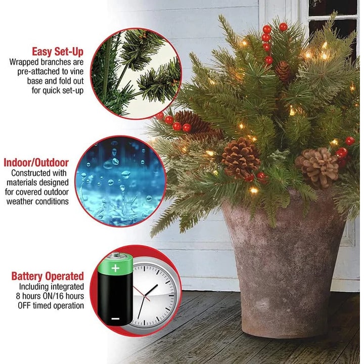 LED Christmas Urn Filler Pre-Lit Holiday Artificial Arrangement Evergreen Pinecones Berries - Image 6