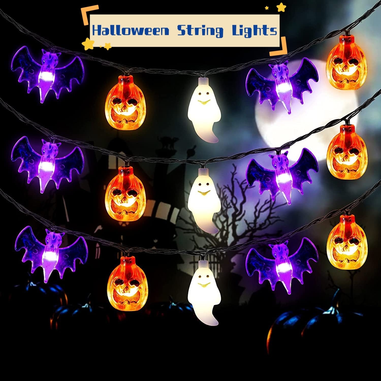 LED Halloween String Lights Outdoor Battery Operated Bat Pumpkin Decoration - Image 1