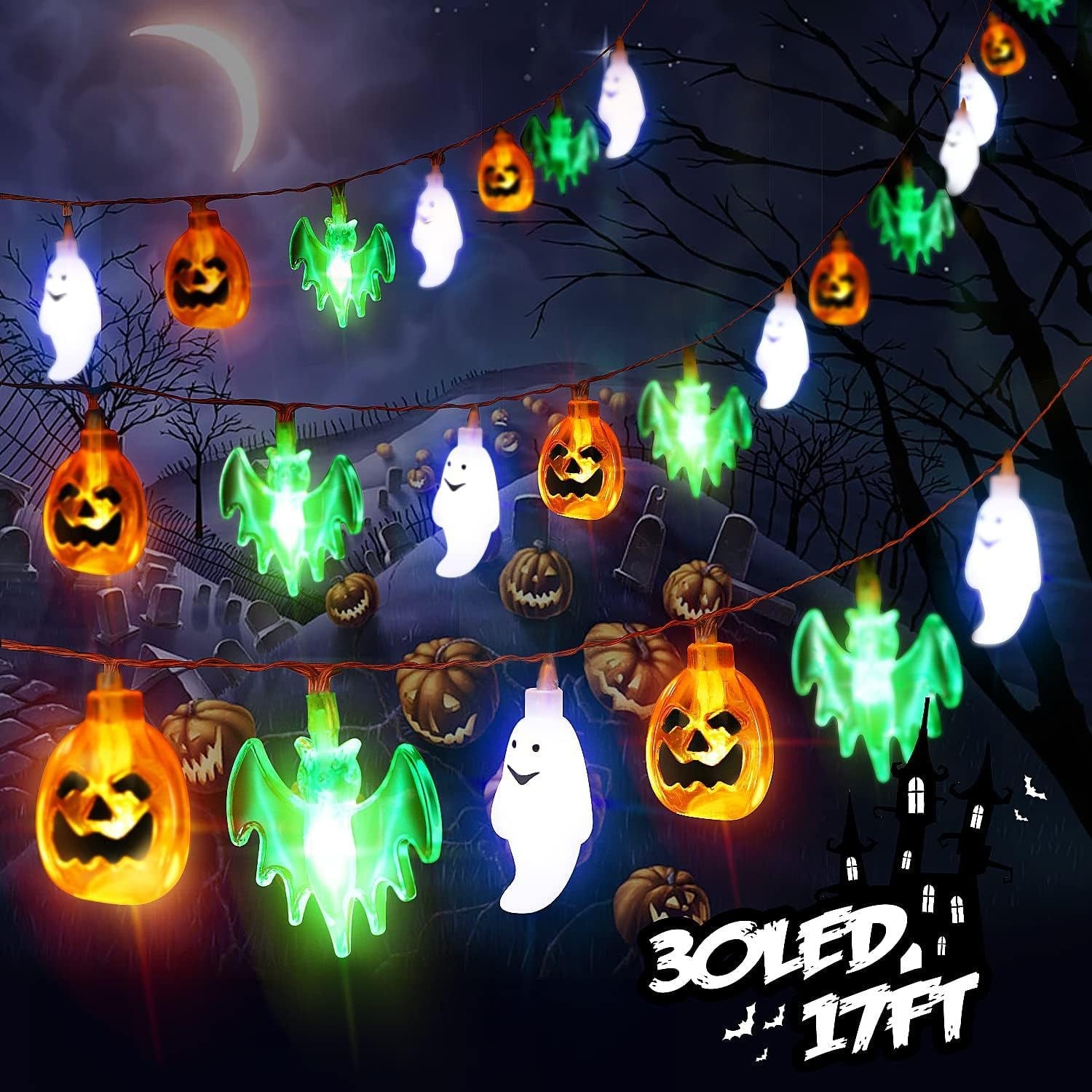 LED Halloween String Lights Outdoor Battery Operated Bat Pumpkin Decoration - Image 3