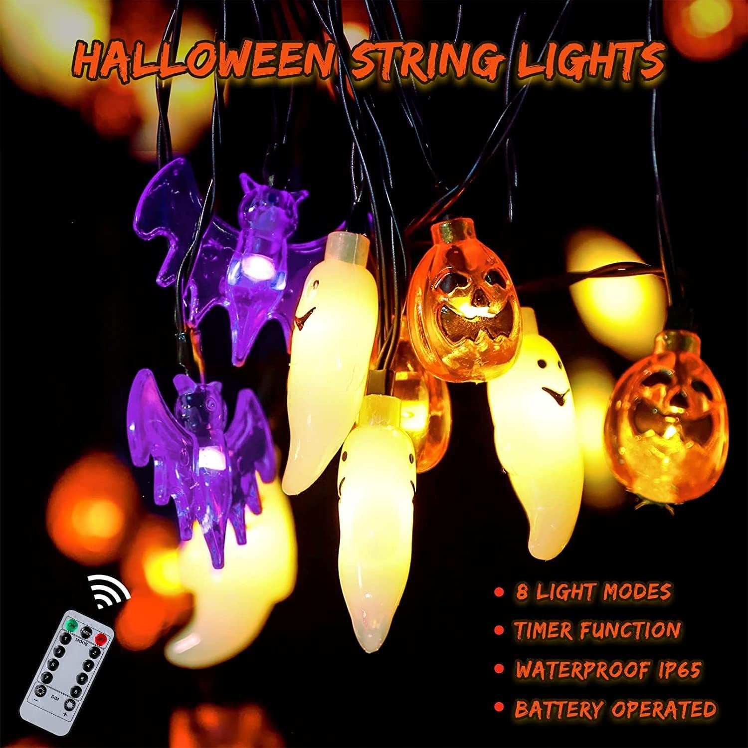LED Halloween String Lights Outdoor Battery Operated Bat Pumpkin Decoration - Image 7
