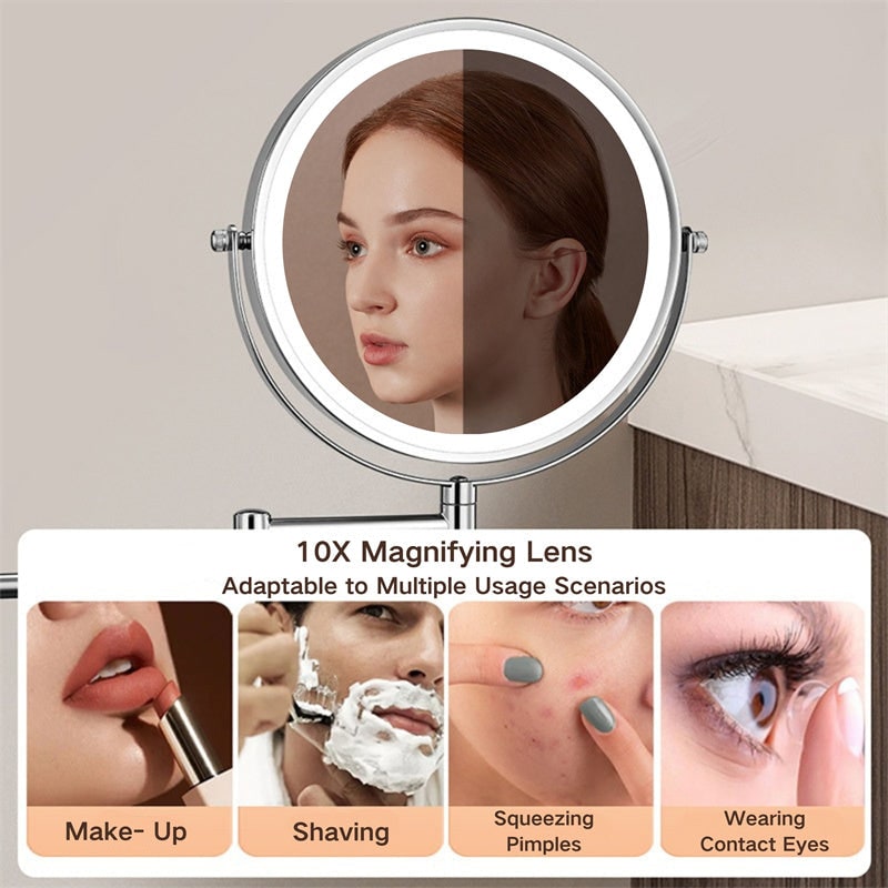 LED Lighted Makeup Mirror with Lights 10x Magnification and Extendable Folding Arm Wall Mount - Image 2