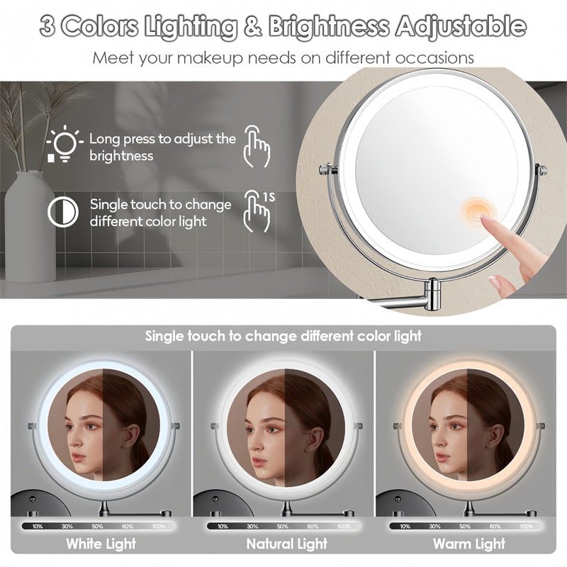 LED Lighted Makeup Mirror with Lights 10x Magnification and Extendable Folding Arm Wall Mount - Image 3