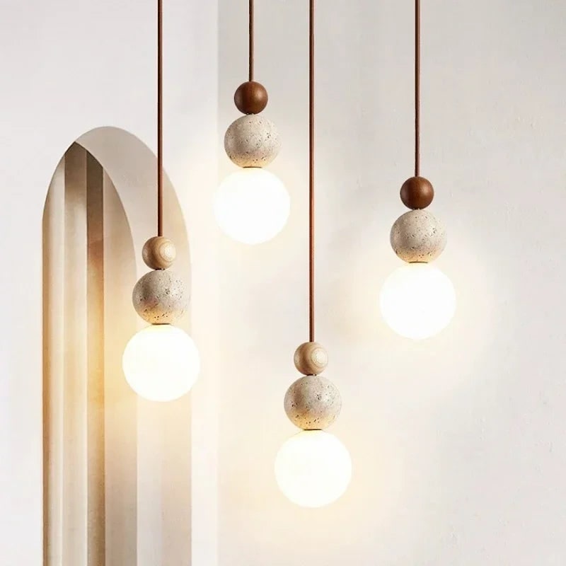 LED Pendant Light Glass Globe Stone Bead Minimalist Wood Spherical For Kitchen Island - Image 1