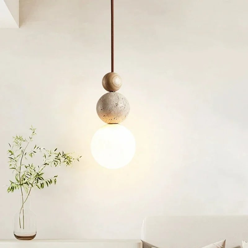 LED Pendant Light Glass Globe Stone Bead Minimalist Wood Spherical For Kitchen Island - Image 2