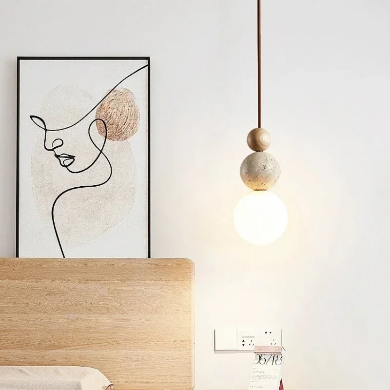 LED Pendant Light Glass Globe Stone Bead Minimalist Wood Spherical For Kitchen Island - Image 3