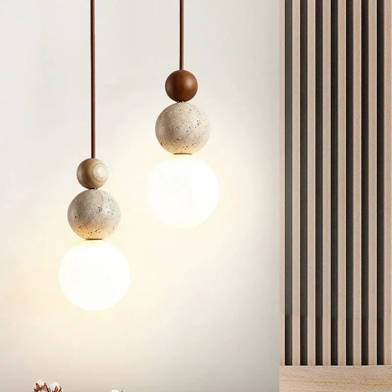 LED Pendant Light Glass Globe Stone Bead Minimalist Wood Spherical For Kitchen Island - Image 4