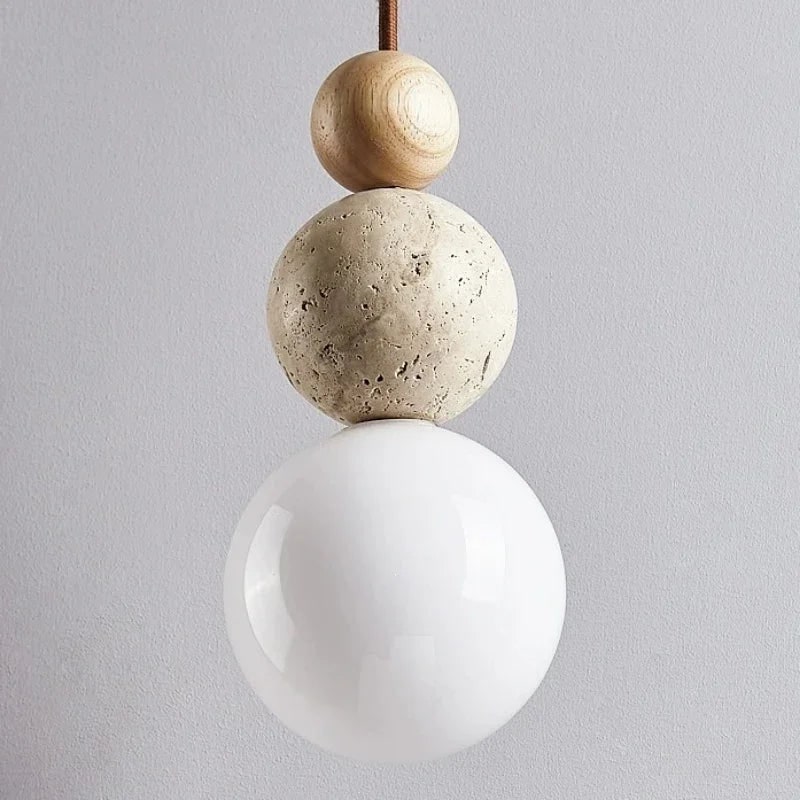 LED Pendant Light Glass Globe Stone Bead Minimalist Wood Spherical For Kitchen Island - Image 5