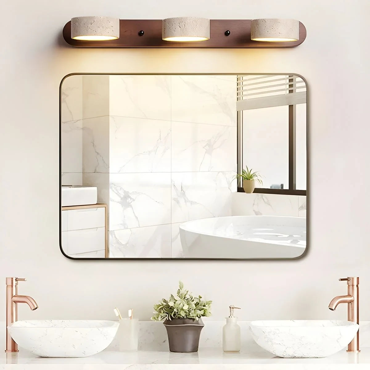 LED Wall Sconce with Travertine Stone and Wood Modern Adjustable Tilting Heads - Image 7