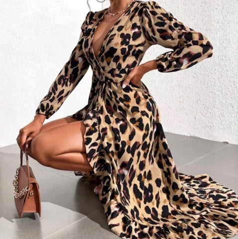 Leopard Print V-Neck Dress – Elegant, Comfortable & Perfect for Any Occasion