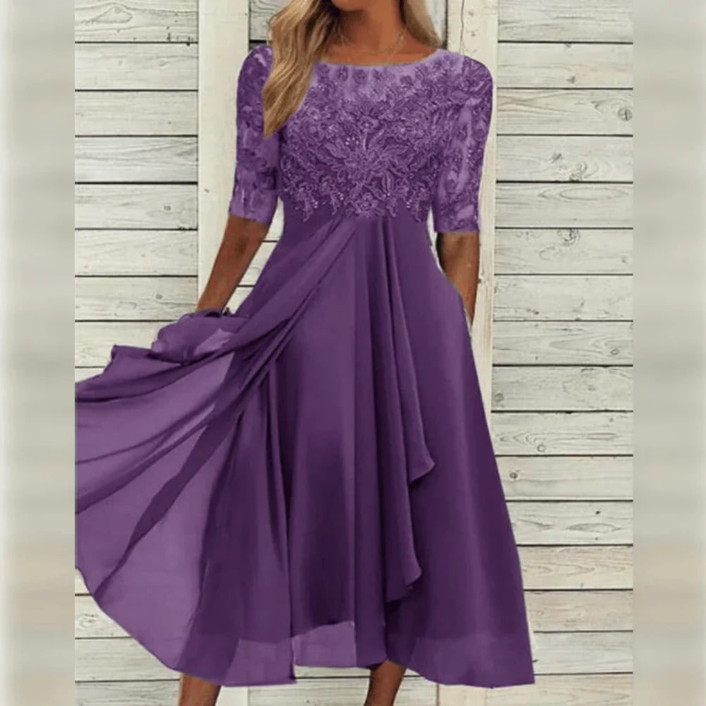 Line Wedding Guest Dress Floral Lace Midi Draped Chiffon Elbow Sleeves Formal Occasion - Image 1