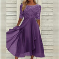 Line Wedding Guest Dress Floral Lace Midi Draped Chiffon Elbow Sleeves Formal Occasion - Image 1