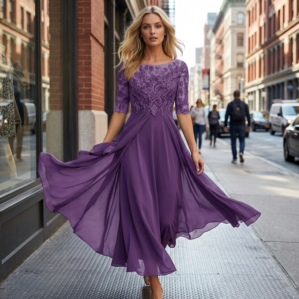 Line Wedding Guest Dress Floral Lace Midi Draped Chiffon Elbow Sleeves Formal Occasion - Image 2