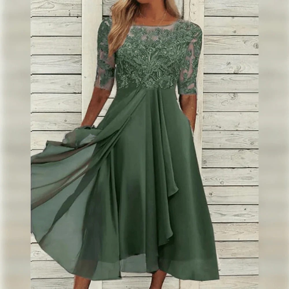 Line Wedding Guest Dress Floral Lace Midi Draped Chiffon Elbow Sleeves Formal Occasion - Image 3