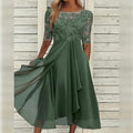 Line Wedding Guest Dress Floral Lace Midi Draped Chiffon Elbow Sleeves Formal Occasion - Image 3