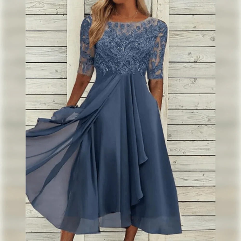 Line Wedding Guest Dress Floral Lace Midi Draped Chiffon Elbow Sleeves Formal Occasion - Image 4