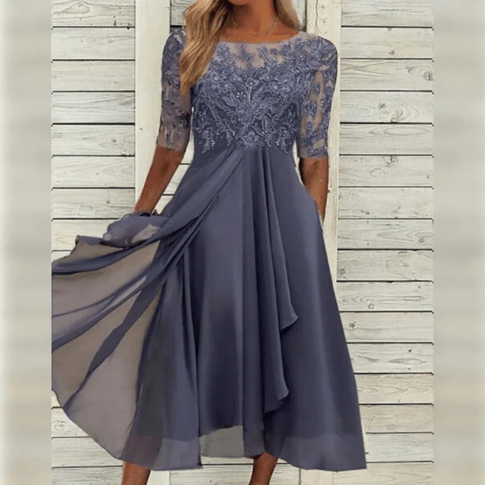 Line Wedding Guest Dress Floral Lace Midi Draped Chiffon Elbow Sleeves Formal Occasion - Image 5
