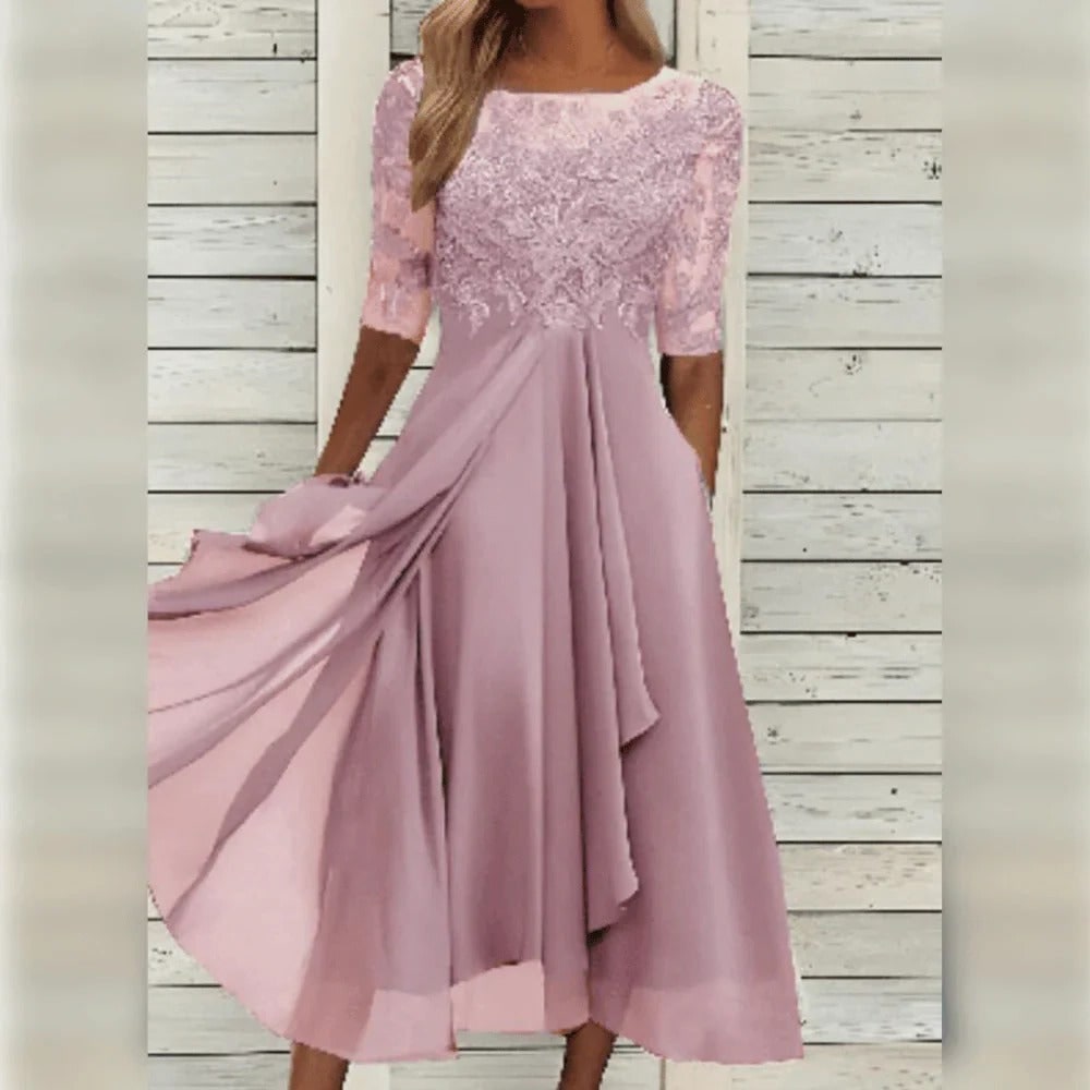 Line Wedding Guest Dress Floral Lace Midi Draped Chiffon Elbow Sleeves Formal Occasion - Image 6