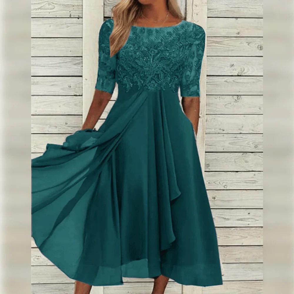 Line Wedding Guest Dress Floral Lace Midi Draped Chiffon Elbow Sleeves Formal Occasion - Image 7