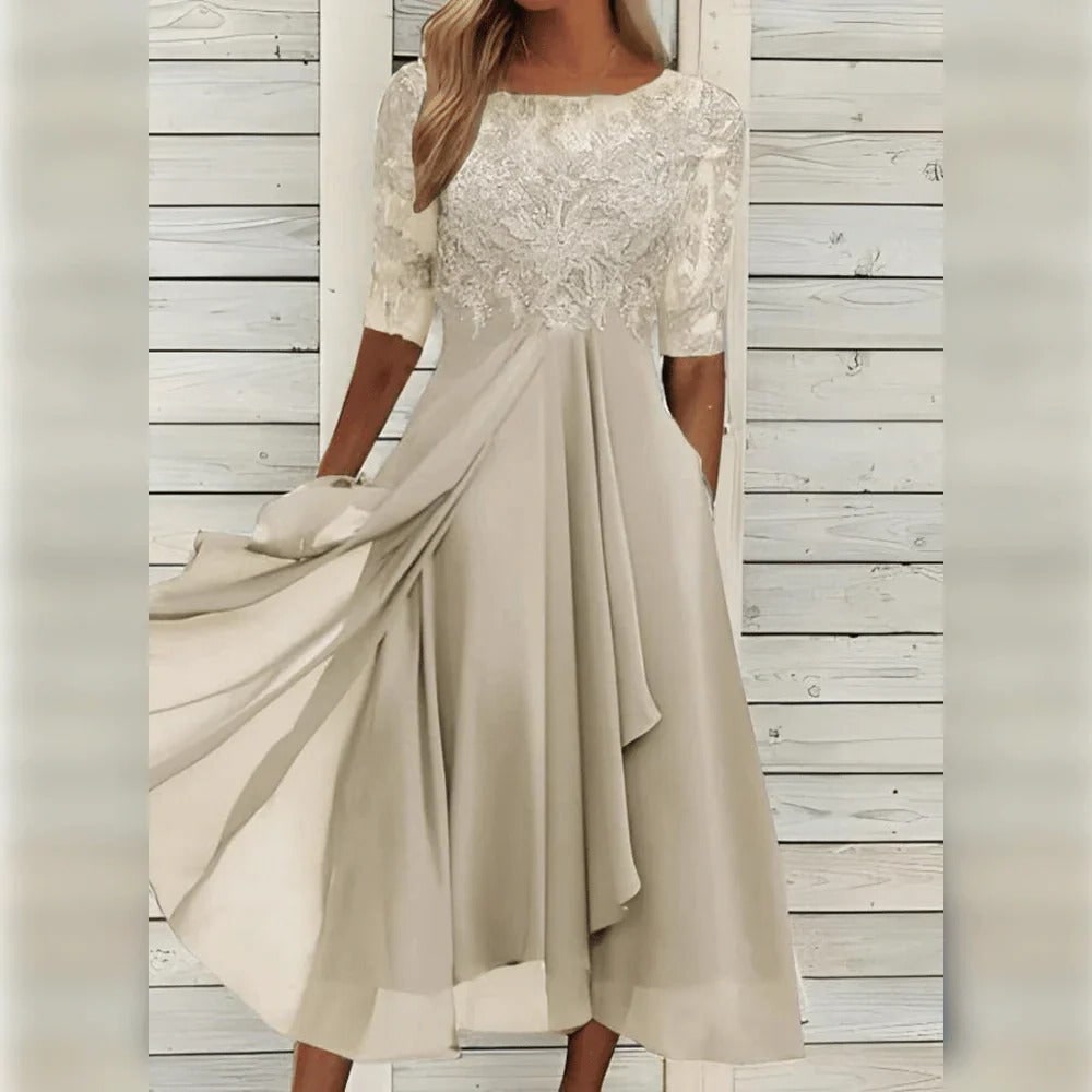 Line Wedding Guest Dress Floral Lace Midi Draped Chiffon Elbow Sleeves Formal Occasion - Image 8