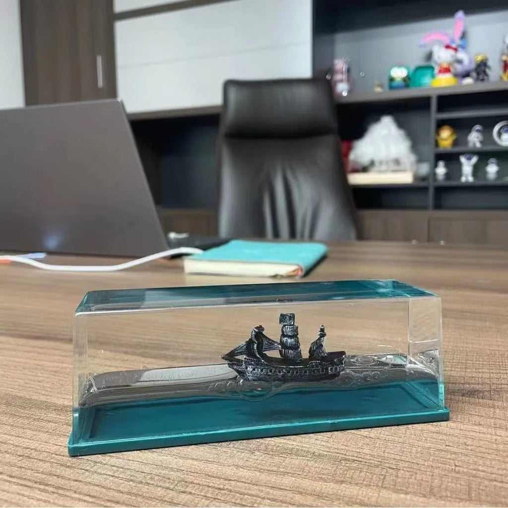 Liquid Wave Paperweight with Floating Ship and LED Light Base - Image 2