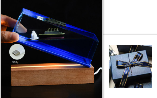 Liquid Wave Paperweight with Floating Ship and LED Light Base - Image 3
