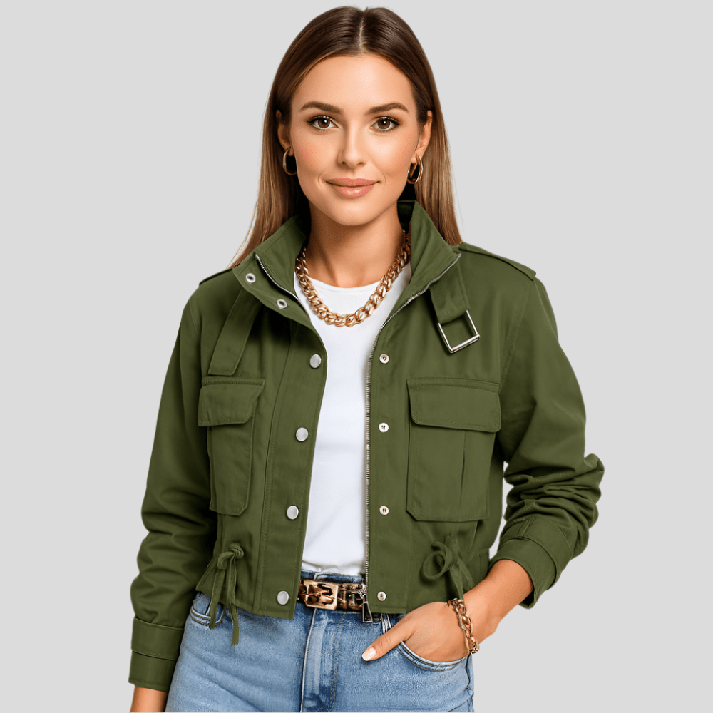 Women's Stylish Short Flight Jacket with Zip and Ribbed Details