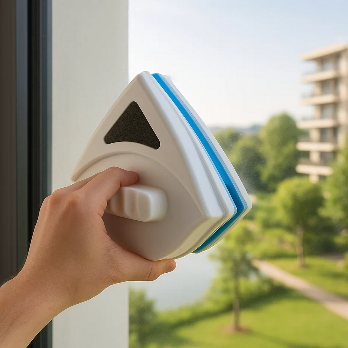 Magnetic Window Cleaner and Squeegee with Triangular Design for Hard-To-Reach - Image 1
