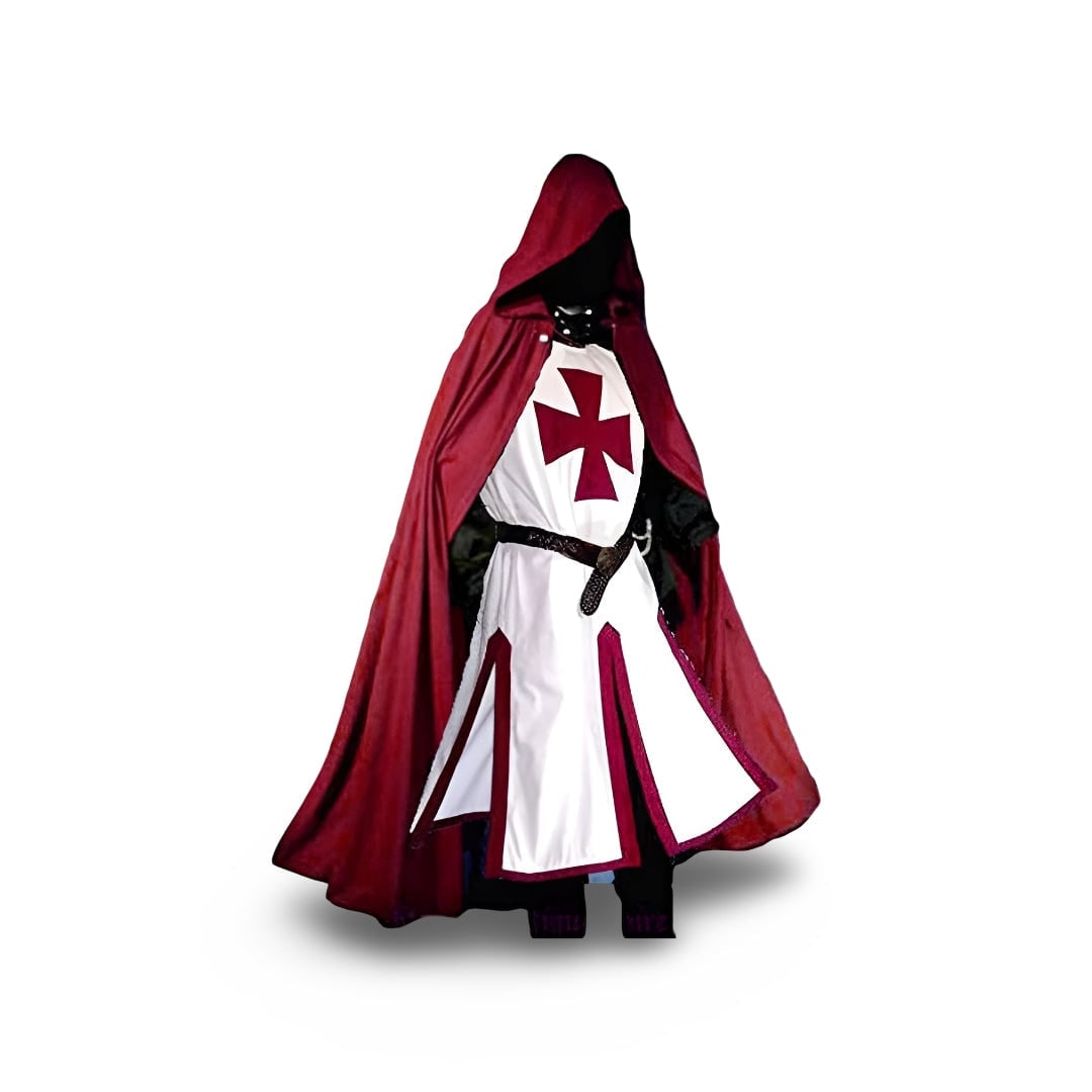 Medieval Knight Costume Tunic with Hooded Cloak and Templar Cross - Image 7