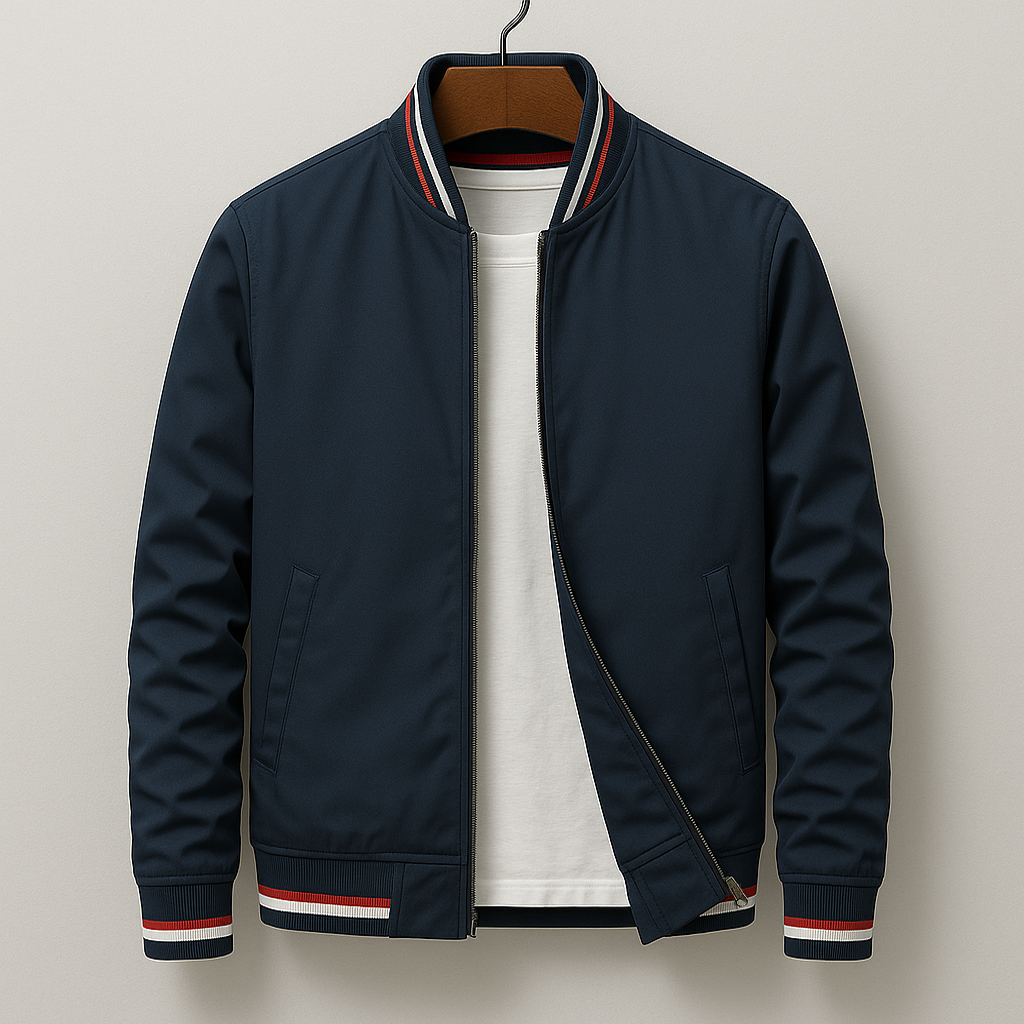 Men's Bomber Jacket with Striped Ribbed Trim and Full Front Zipper - Image 1