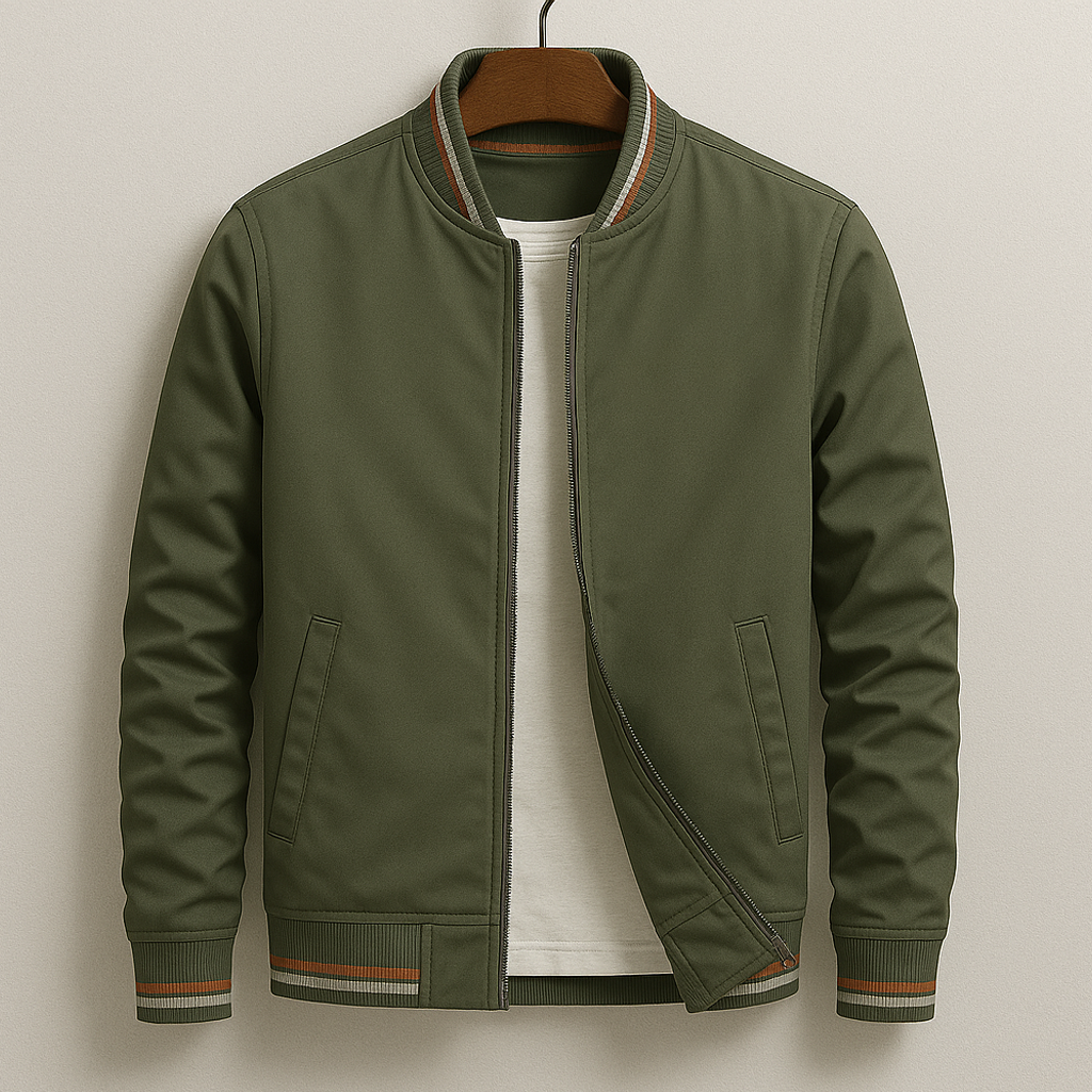 Men's Bomber Jacket with Striped Ribbed Trim and Full Front Zipper - Image 2