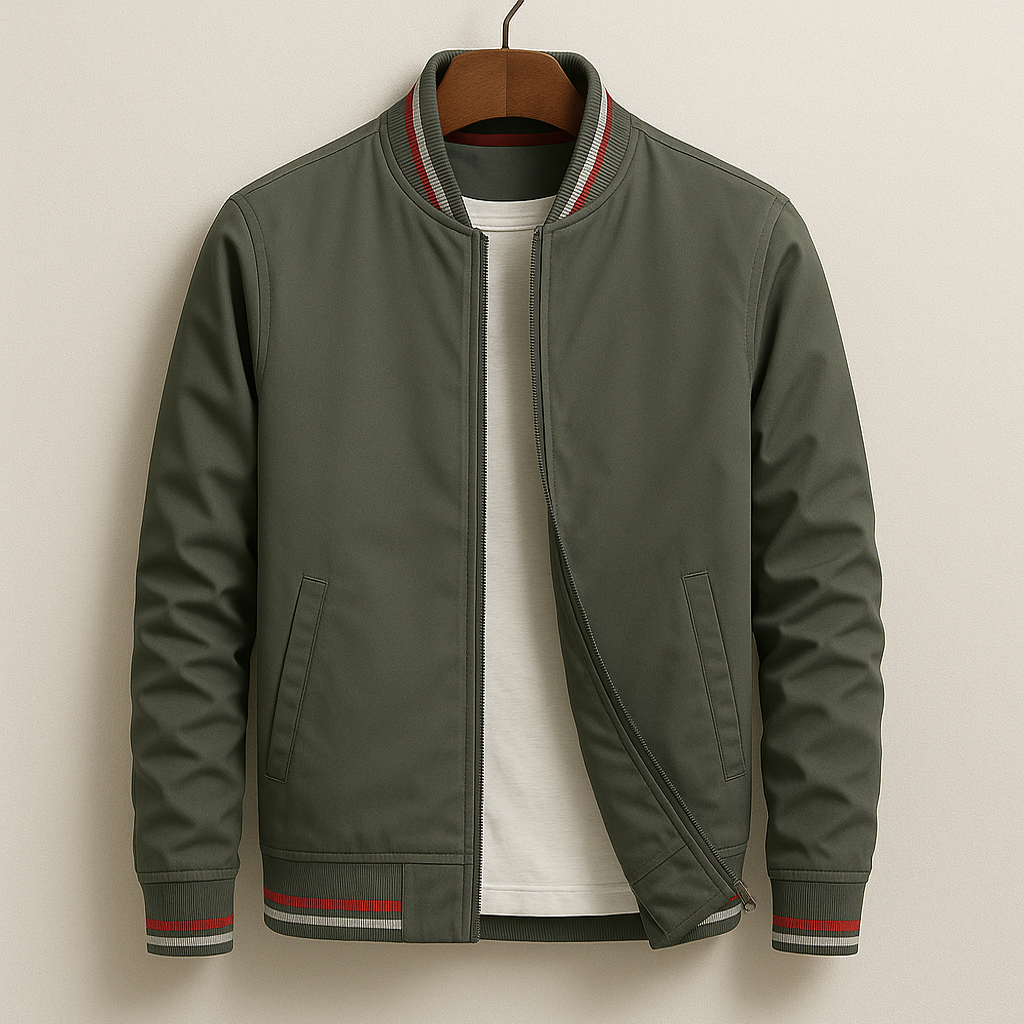 Men's Bomber Jacket with Striped Ribbed Trim and Full Front Zipper - Image 4