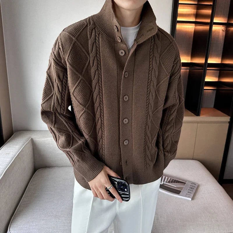 Men's Cable Knit Cardigan Sweater with Stand Collar and Button Up - Image 1