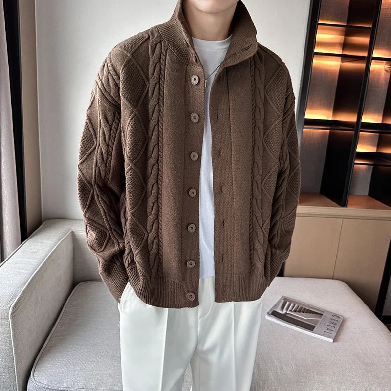Men's Cable Knit Cardigan Sweater with Stand Collar and Button Up - Image 2