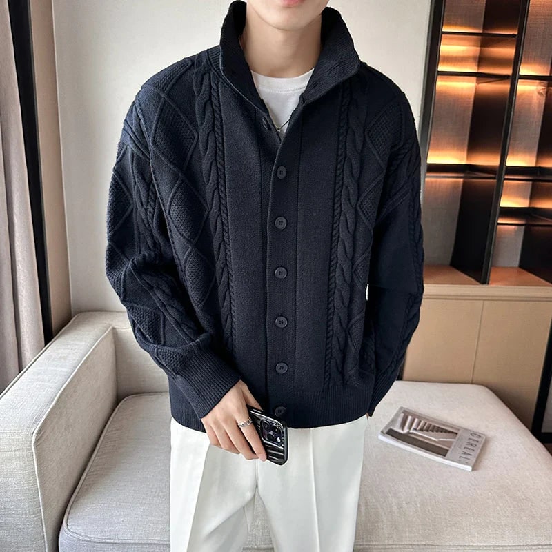 Men's Cable Knit Cardigan Sweater with Stand Collar and Button Up - Image 3