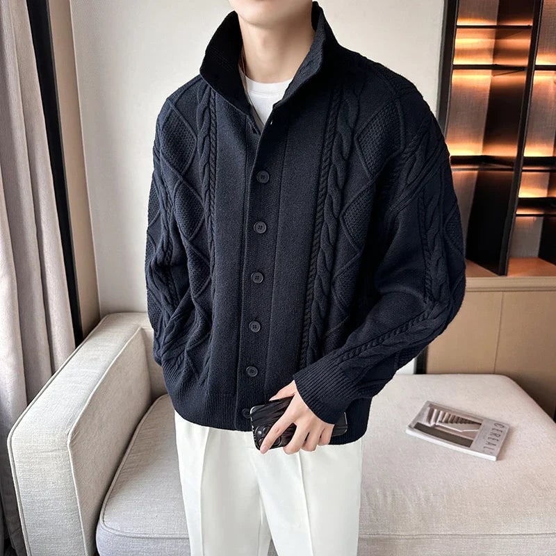Men's Cable Knit Cardigan Sweater with Stand Collar and Button Up - Image 4