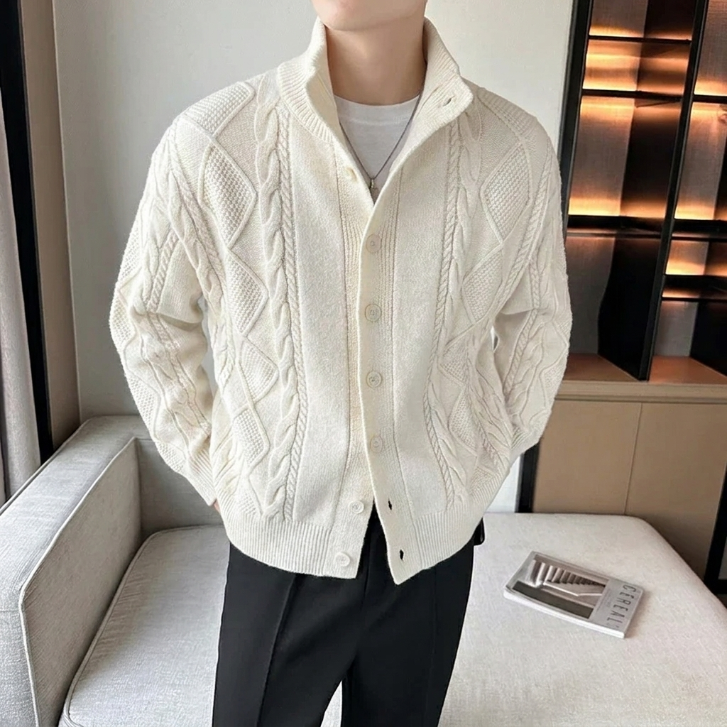 Men's Cable Knit Cardigan Sweater with Stand Collar and Button Up - Image 5