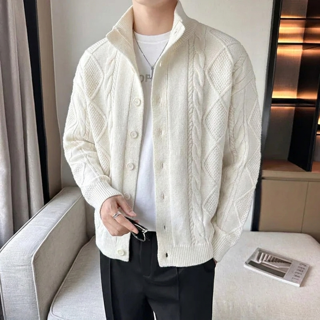 Men's Cable Knit Cardigan Sweater with Stand Collar and Button Up - Image 6