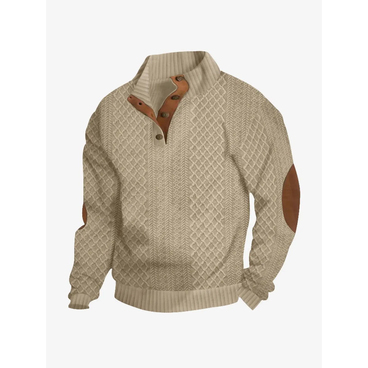 Men's Cable Knit Sweater with Quarter Button Placket and Elbow Patches - Image 1