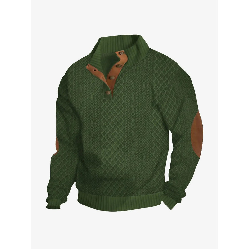 Men's Cable Knit Sweater with Quarter Button Placket and Elbow Patches - Image 11