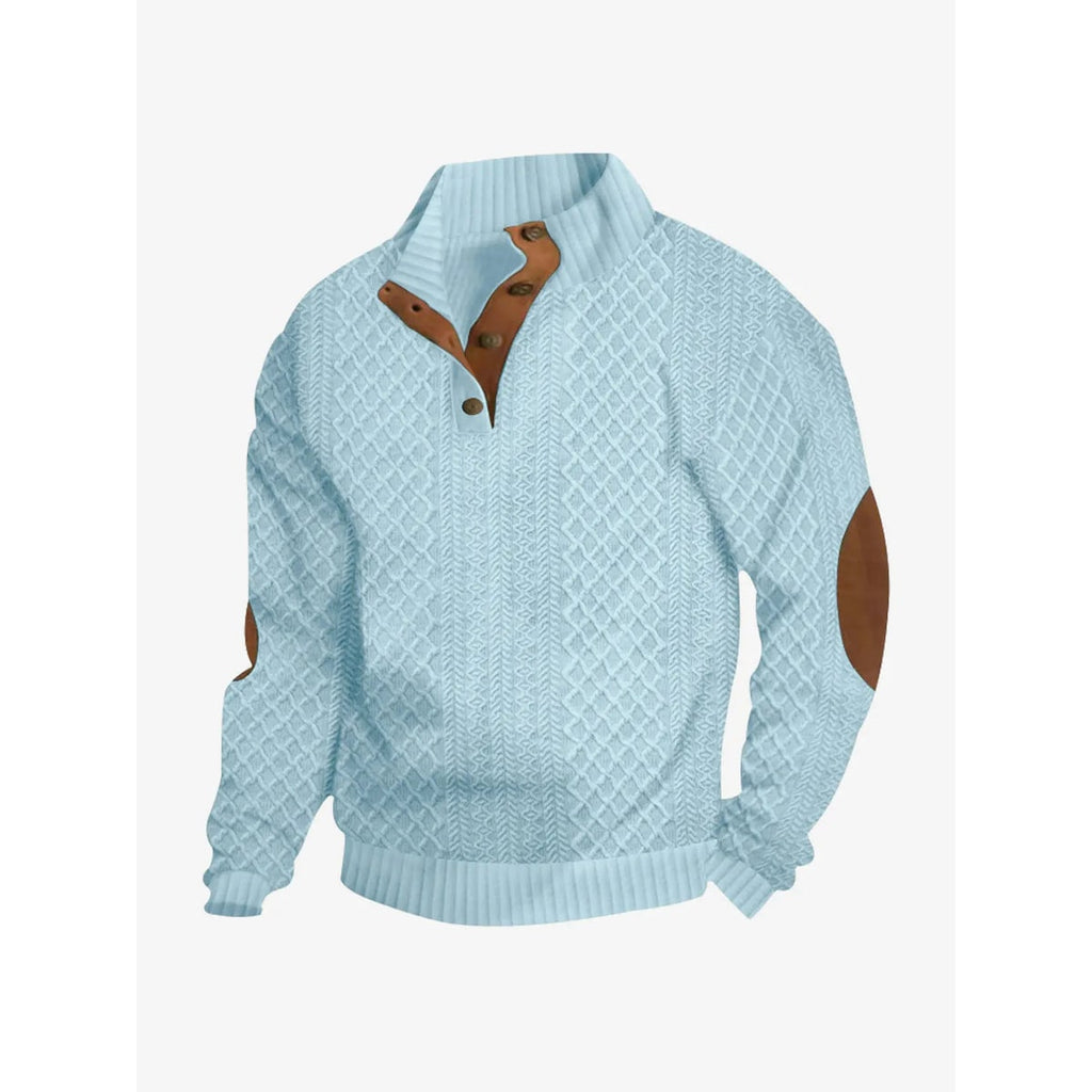 Men's Cable Knit Sweater with Quarter Button Placket and Elbow Patches - Image 12