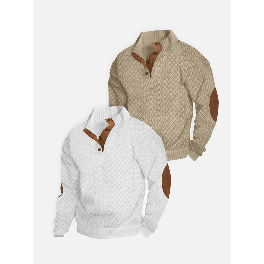 Men's Cable Knit Sweater with Quarter Button Placket and Elbow Patches - Image 13