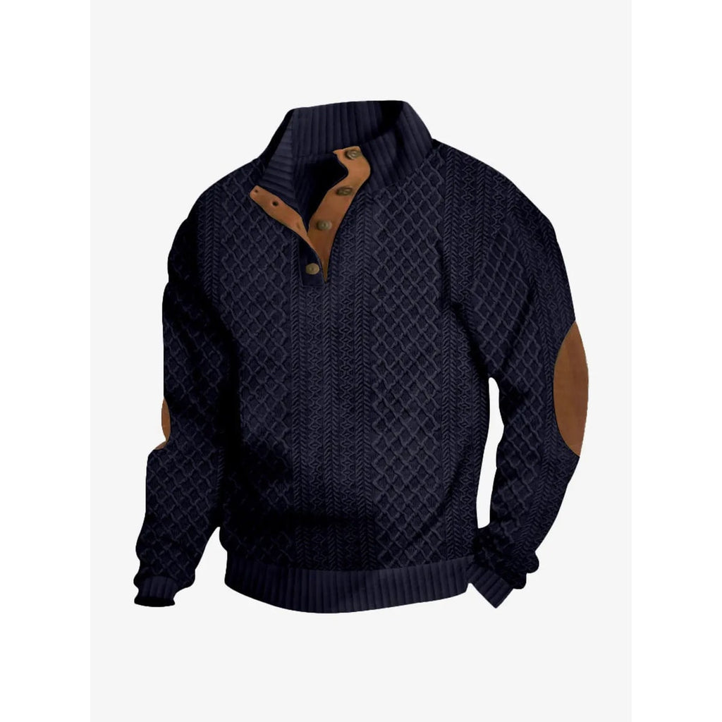 Men's Cable Knit Sweater with Quarter Button Placket and Elbow Patches - Image 2