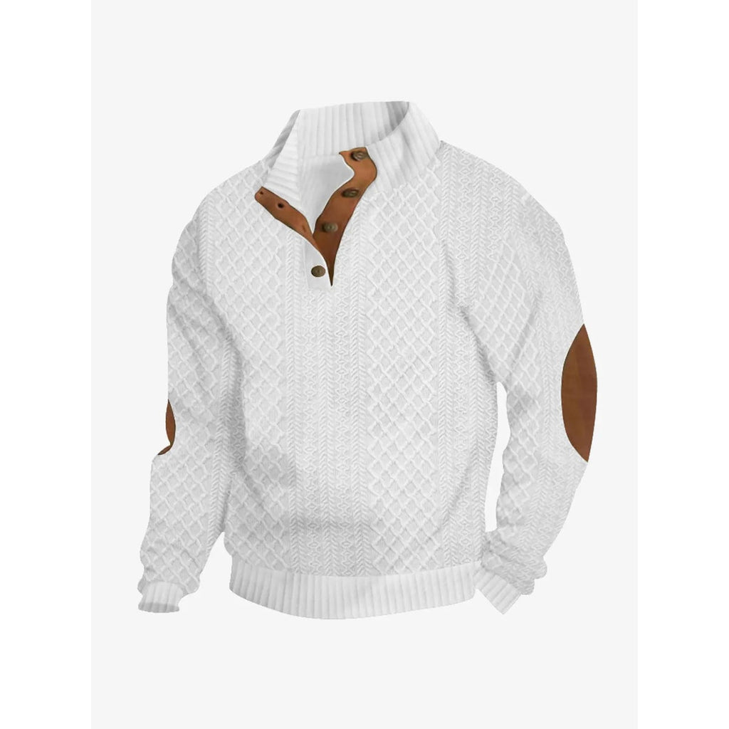 Men's Cable Knit Sweater with Quarter Button Placket and Elbow Patches - Image 3