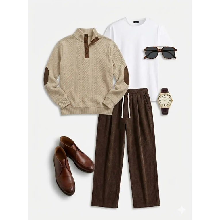 Men's Cable Knit Sweater with Quarter Button Placket and Elbow Patches - Image 4