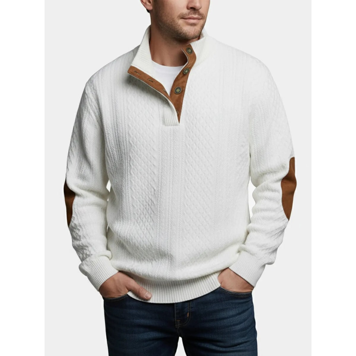 Men's Cable Knit Sweater with Quarter Button Placket and Elbow Patches - Image 5
