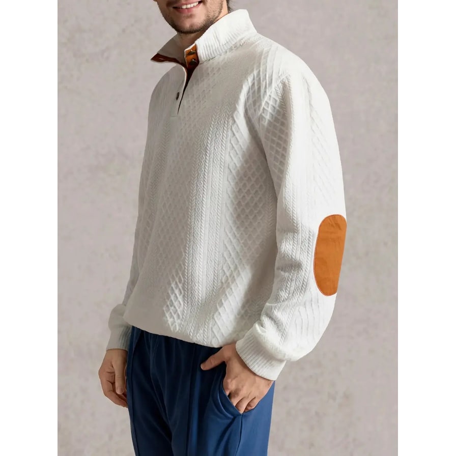 Men's Cable Knit Sweater with Quarter Button Placket and Elbow Patches - Image 6