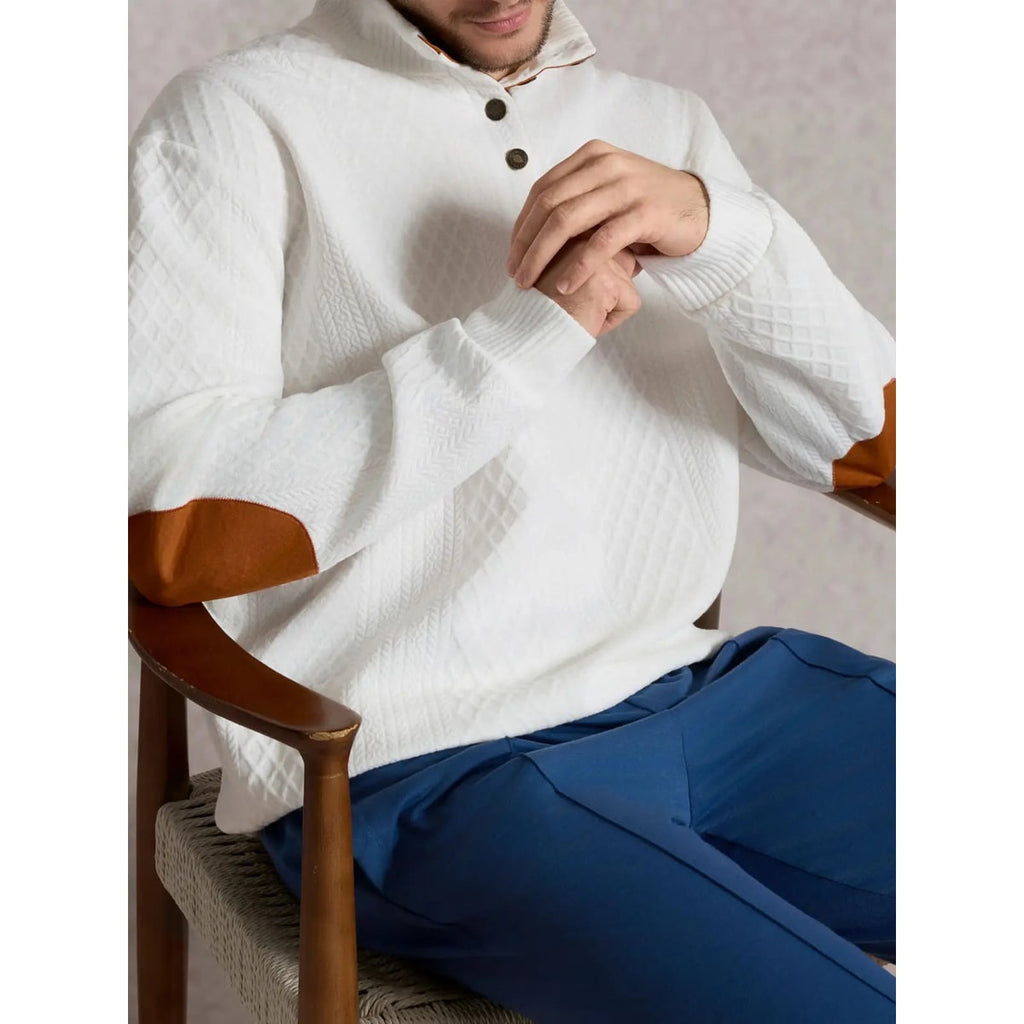 Men's Cable Knit Sweater with Quarter Button Placket and Elbow Patches - Image 7