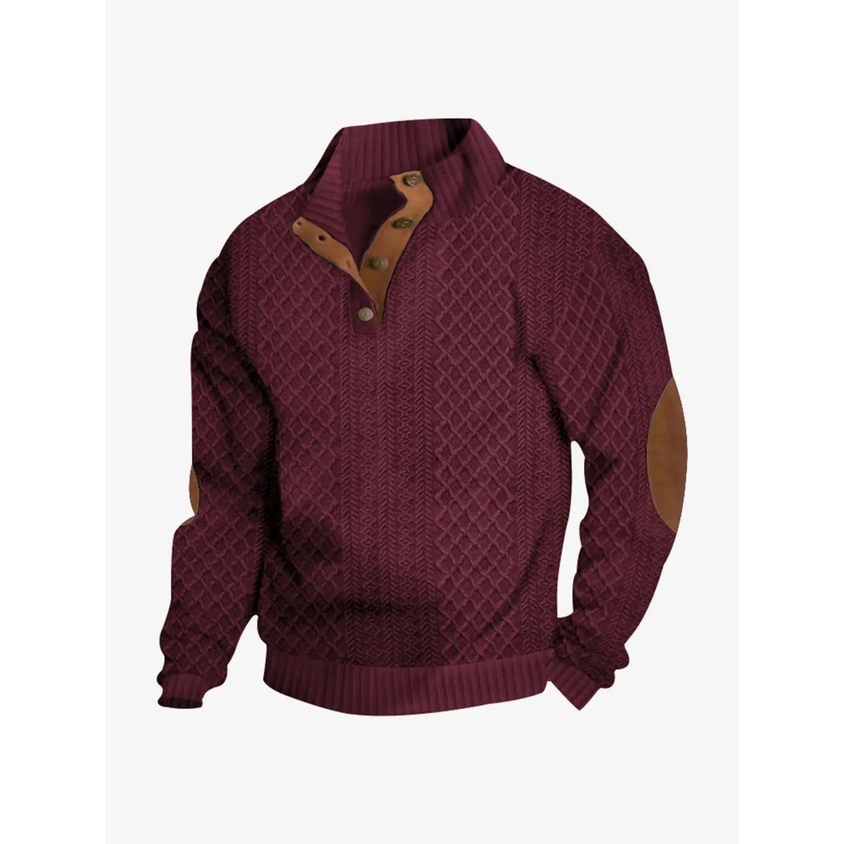 Men's Cable Knit Sweater with Quarter Button Placket and Elbow Patches - Image 9