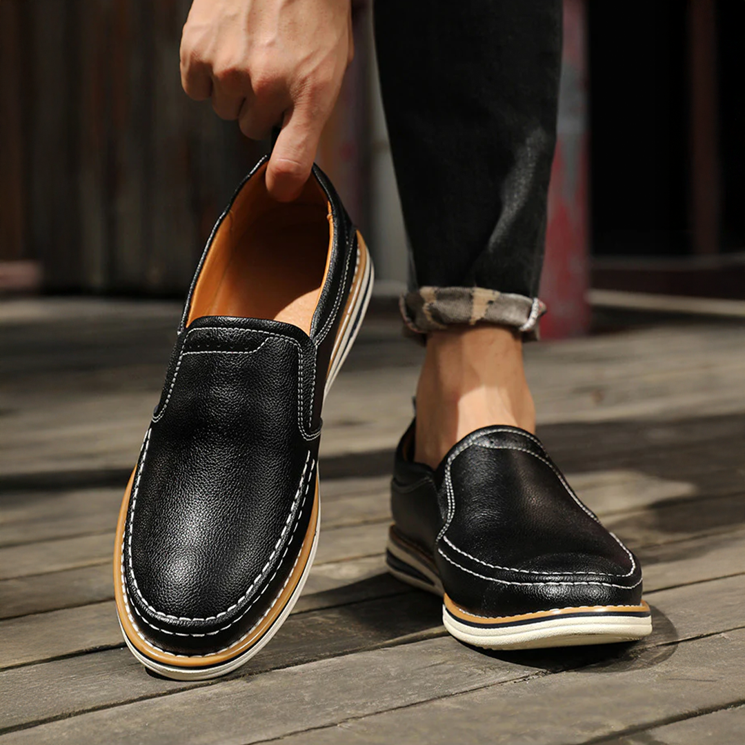 Men's Casual Dress Slip-On Loafers with Leather Upper and Contrast Stitching - Image 1